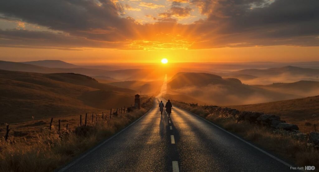 Hopeful cinematic fantasy landscape of a medieval road stretching toward a sunrise, two small figures walking into the distance, symbolic of new beginnings, emotional tone, warm golden light, ultra-realistic detail, HBO fantasy aesthetic, no text
