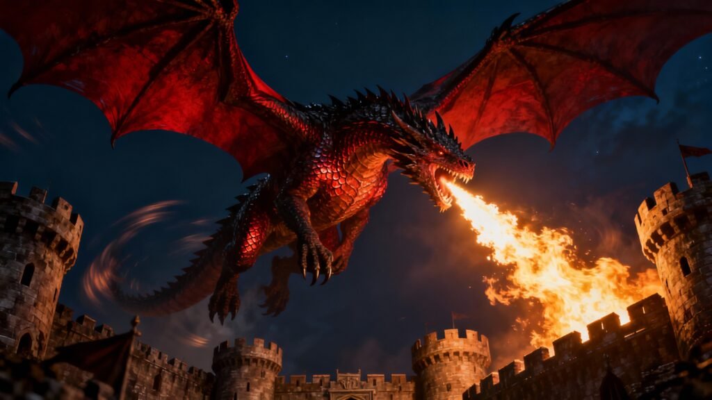 A dragon flies over Westeros representing the future of House of the Dragon on HBO