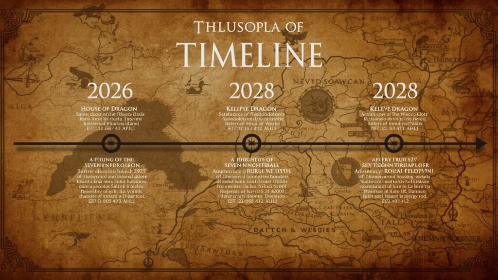 Timeline showing upcoming Game of Thrones prequel releases from 2026 to 2028
